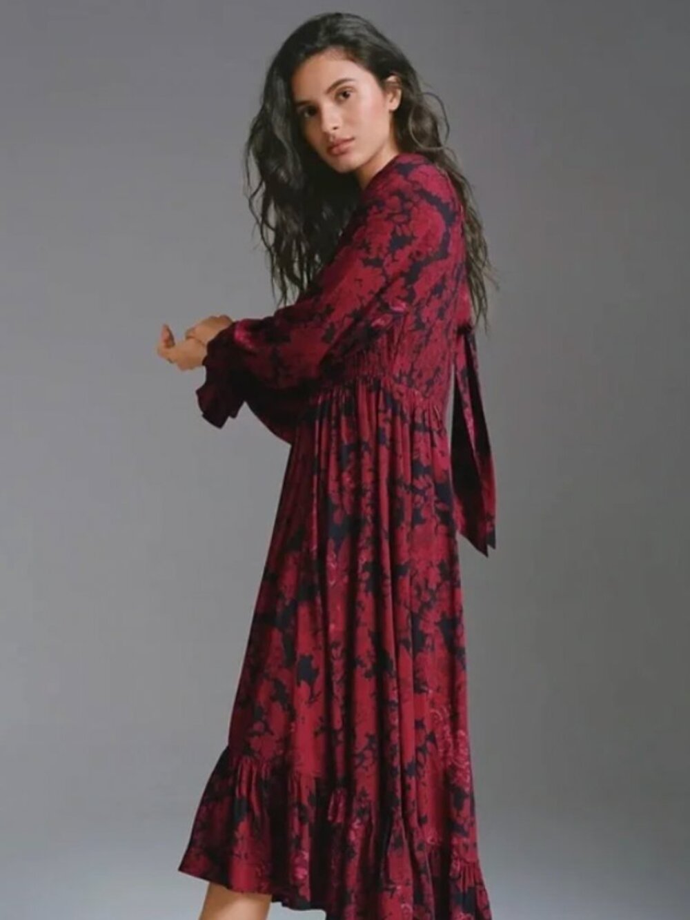 Anthropologie Sharlene Tiered Midi Dress Magenta Black Floral Size 8